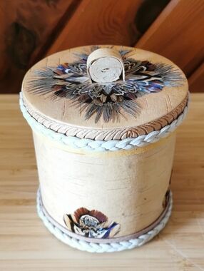 Vintage Birch Bark Basket w/ Feathers Mohawk Nation Signed Lid